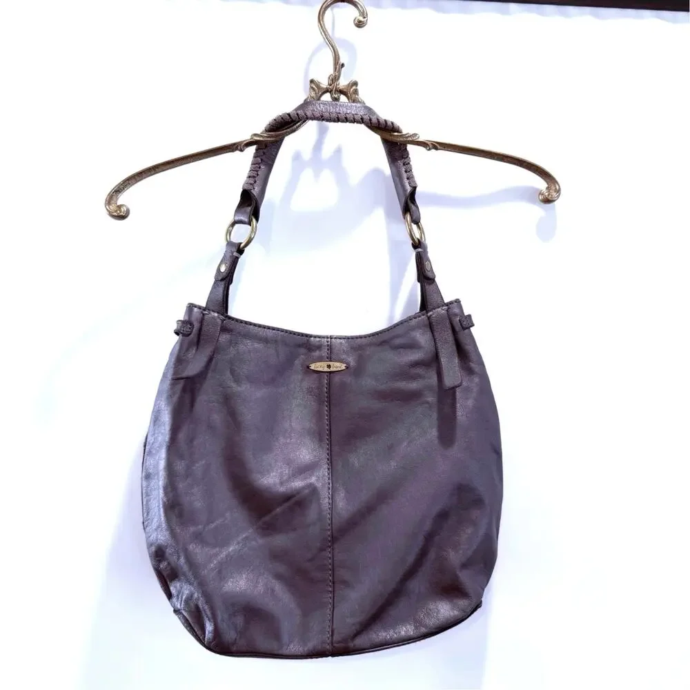Lucky Brand Leather Suede Patch Silver Pewter Bronze Brown Shoulder Bag Hobo